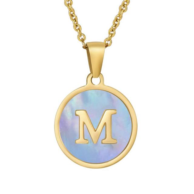 18K blue color shell round pendant initial necklace stainless steel necklace