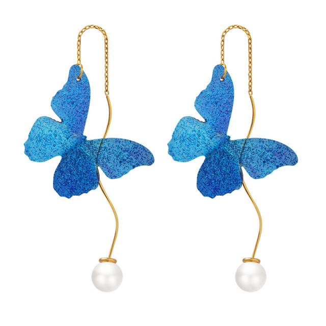 Elegant blue butterfly stainless steel earrings threader earrings