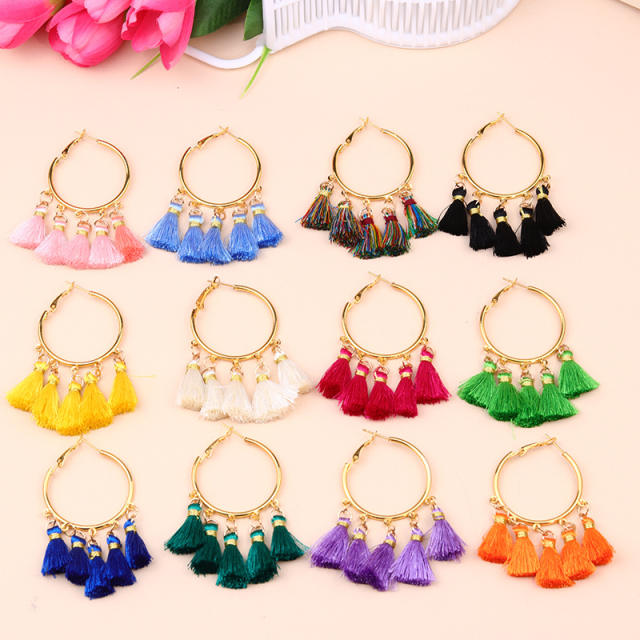 Boho colorful rope tassel hoop earrings