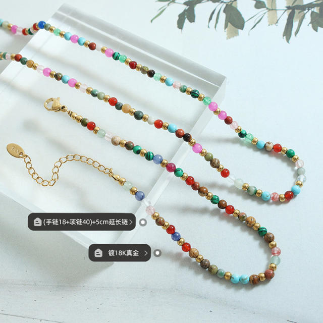 Color natural stone stainless steel necklace bead necklace set