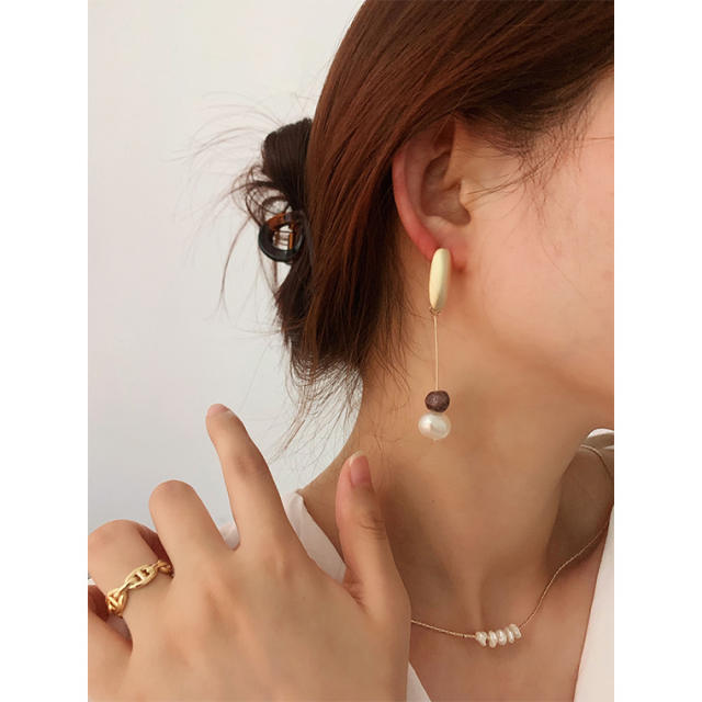 Korean fashion natural pearl long earrings