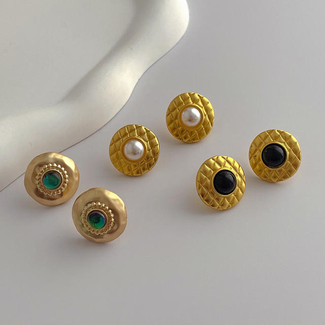 925 needle vintage real gold plated round ear studs