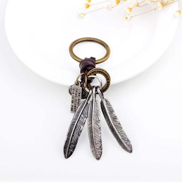 Vintage leather braid feather keychain for men