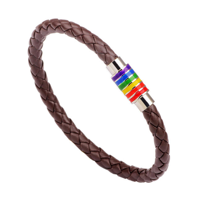 Rainbow clasp braid leather bracelet for men