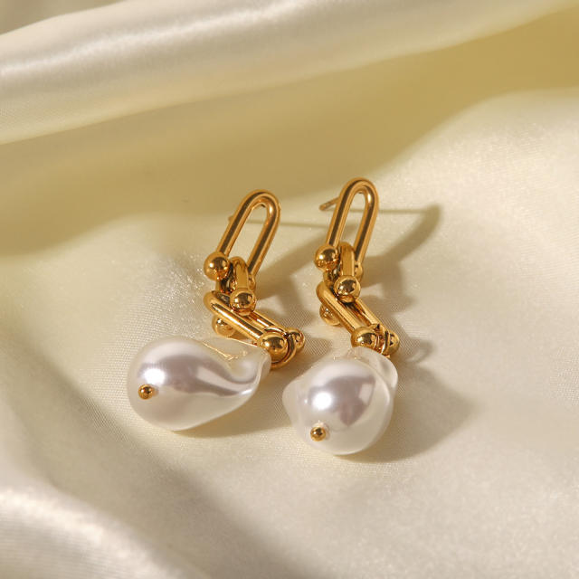 18K water pearl charm stainless steel earrings