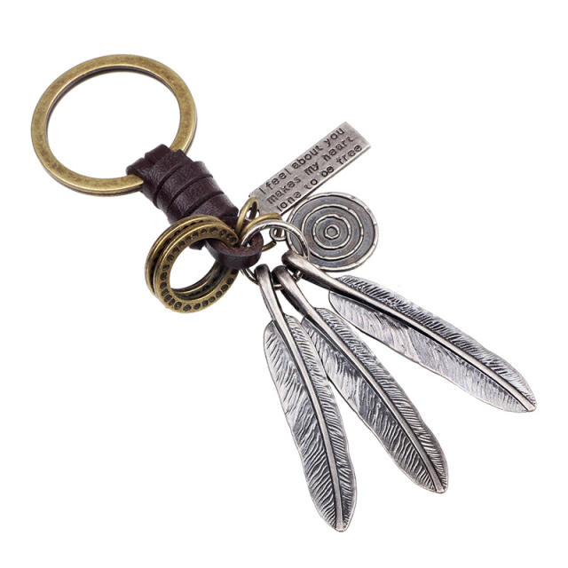 Vintage leather braid feather keychain for men