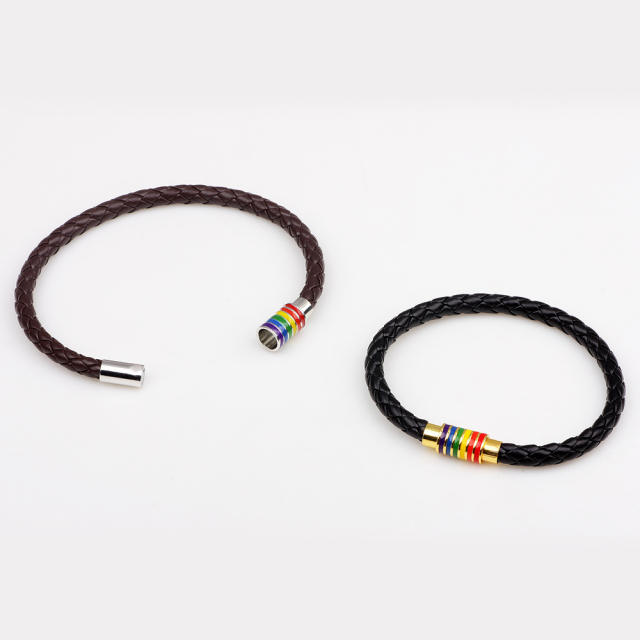 Rainbow clasp braid leather bracelet for men