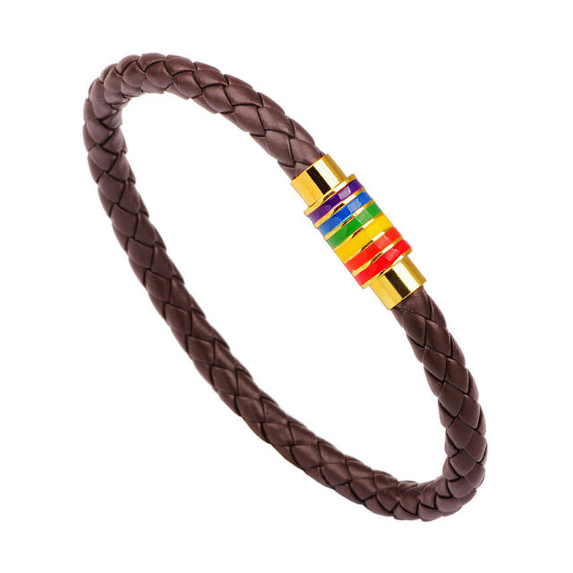 Rainbow clasp braid leather bracelet for men