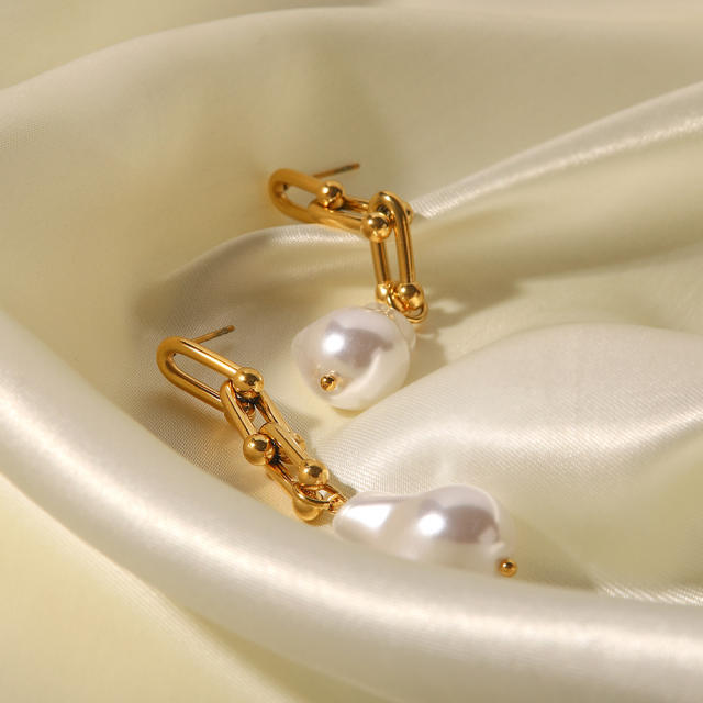 18K water pearl charm stainless steel earrings