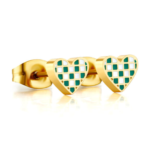 Creative green color checkered heart drop stainless steel earrings studs earrings