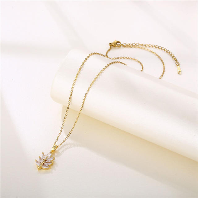 Cubic zircon leaf pendant stainless steel necklace(copper pendant)