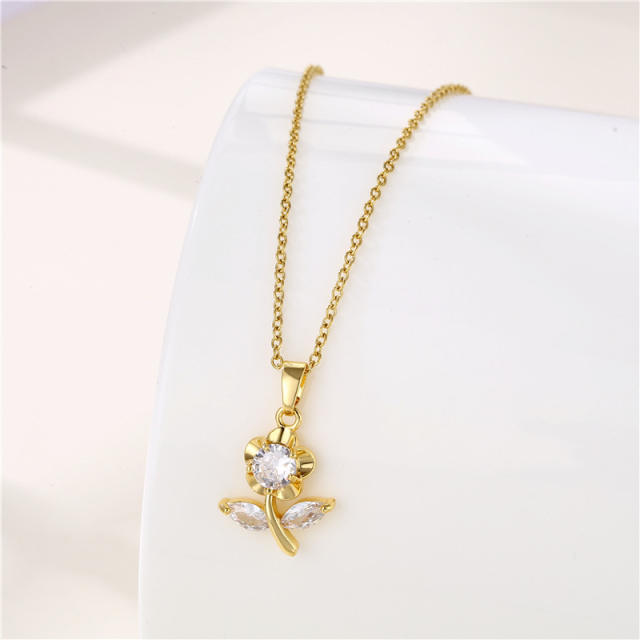 Real gold plated diamond flower pendant stainless steel necklace(copper pendant)