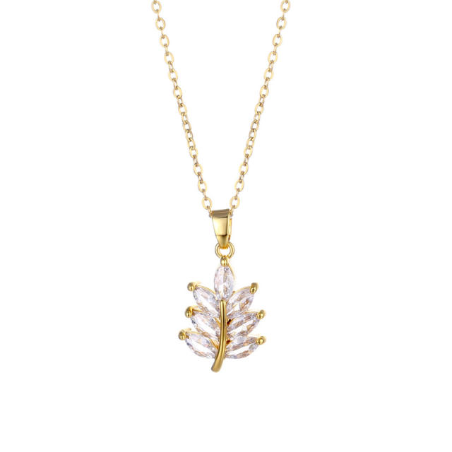 Cubic zircon leaf pendant stainless steel necklace(copper pendant)