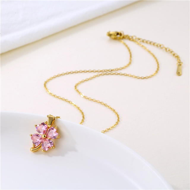 Pink color clover pendant stainless steel necklace(copper pendant)