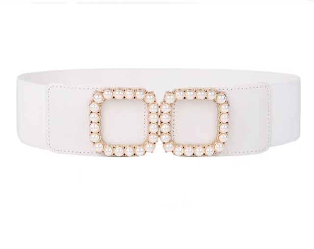 Faux pearl square buckle elastic corset belt for women