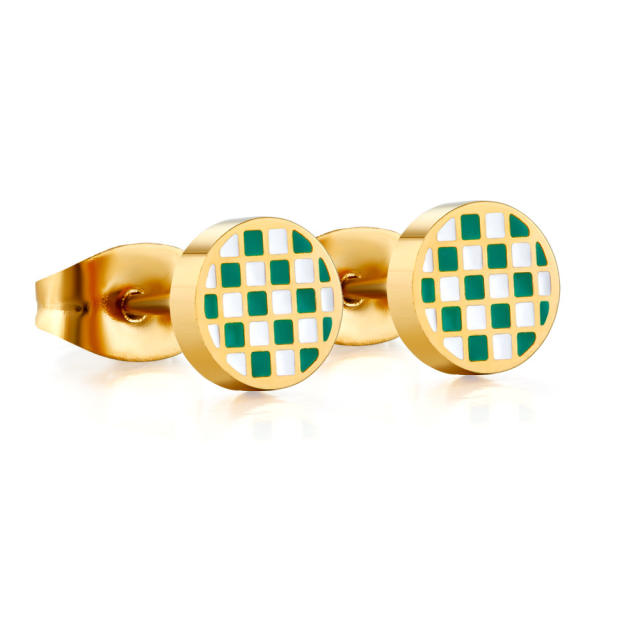 Creative green color checkered heart drop stainless steel earrings studs earrings