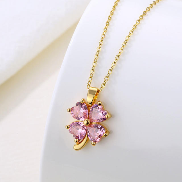 Pink color clover pendant stainless steel necklace(copper pendant)