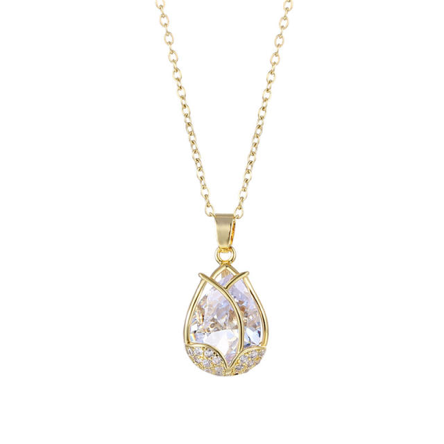 Cubic zircon drop pendant stainless steel necklace(copper pendant)