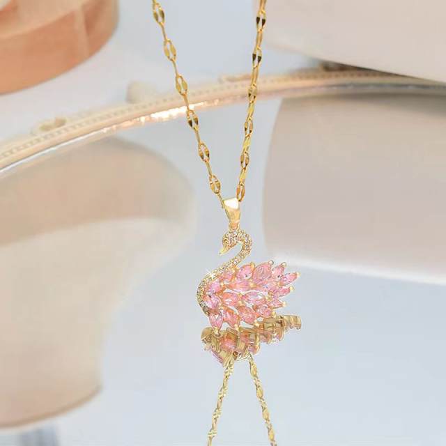 Color cubic zircon swan pendant stainless steel necklace(copper pendant)
