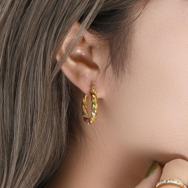 INS 18k color enamel twist circle hoop earrings stainless steel earrings