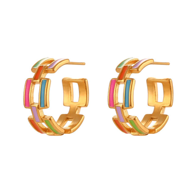 18K concise hollow chain enamel open hoop stainless steel earrings