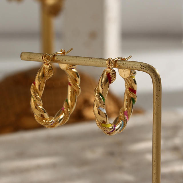 INS 18k color enamel twist circle hoop earrings stainless steel earrings