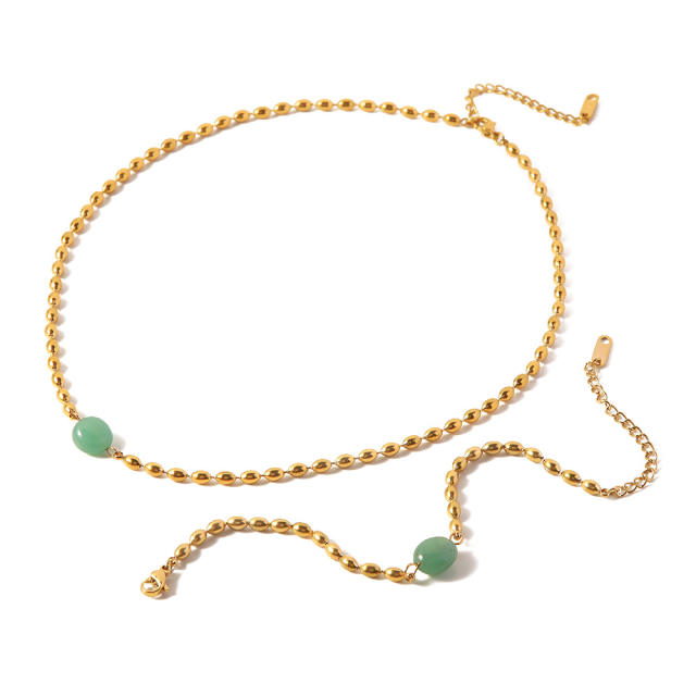 Green color Natural stone bead stainless steel necklace bracelet