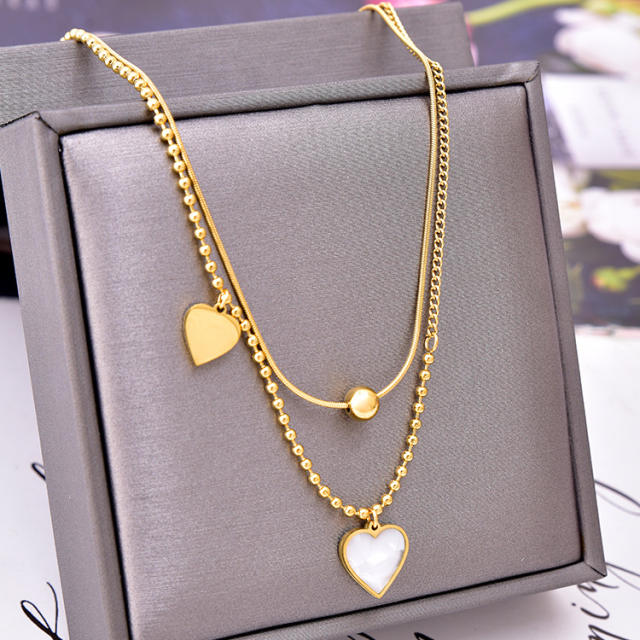 Concise two layer heart pendant stainless steel necklace