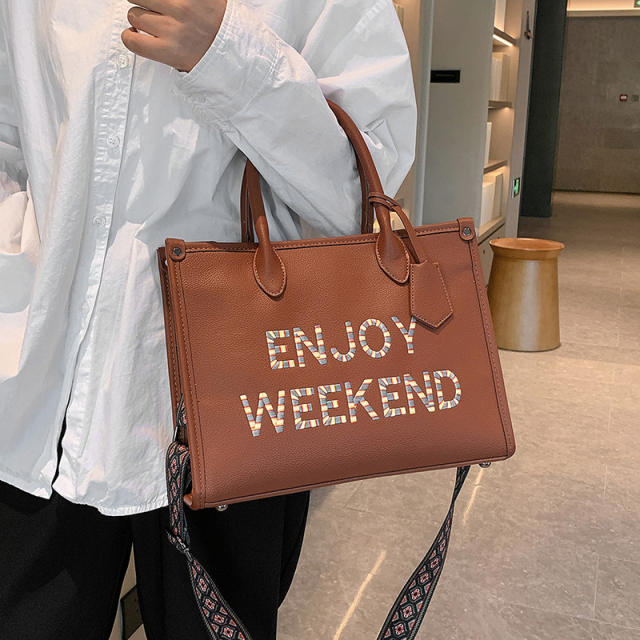 PU leather enjoy weekend letter large capacity handbag