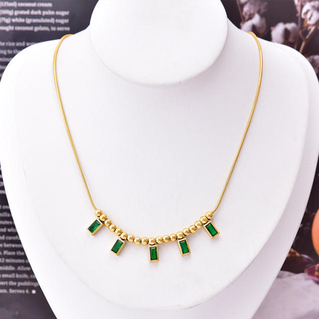 Korean fashion snake chain green cubic zircon stainless steel necklace