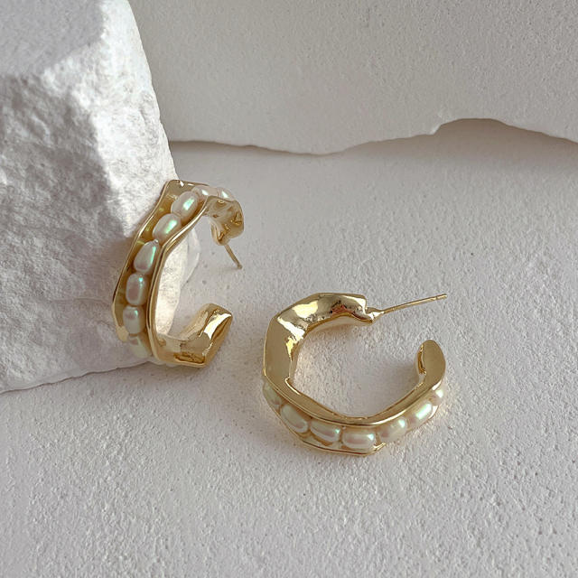 Korean fashion irregular shaped pearl bead open hoop earrings