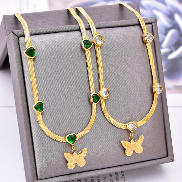 Korean fashion butterfly pendant color cubic zircon stainless steel necklace
