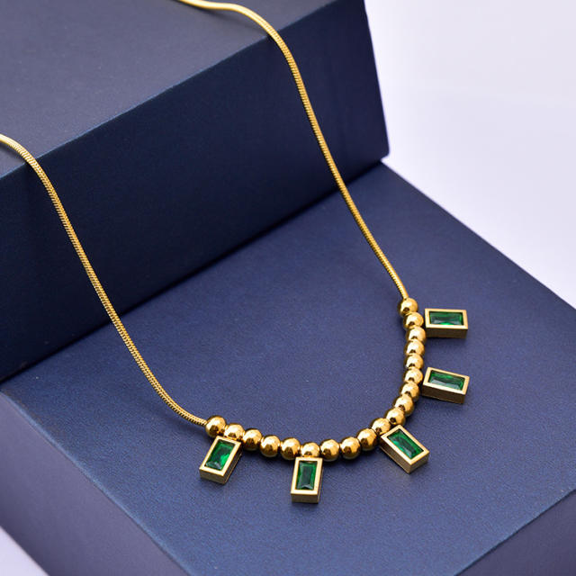 Korean fashion snake chain green cubic zircon stainless steel necklace