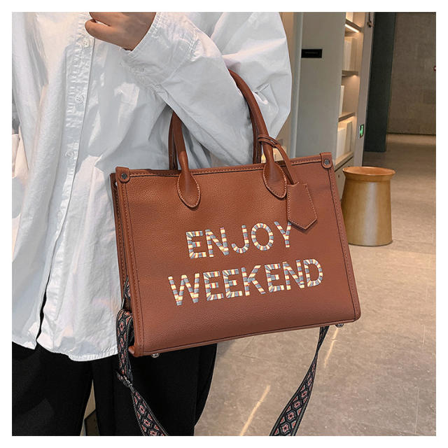 PU leather enjoy weekend letter large capacity handbag