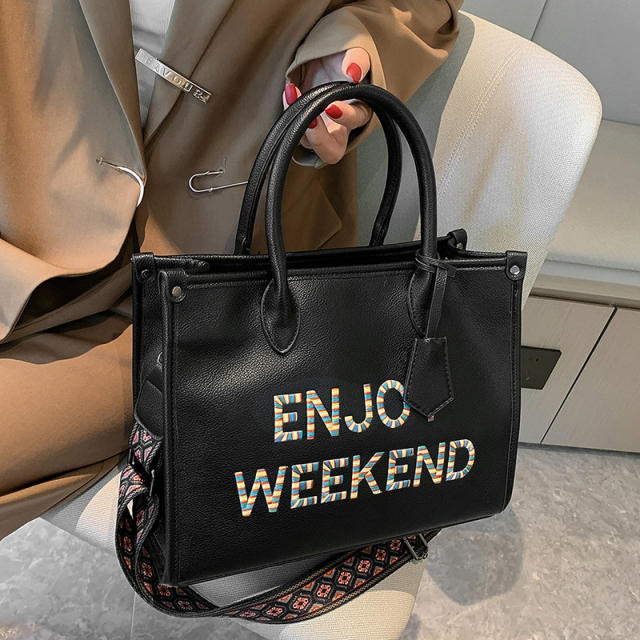PU leather enjoy weekend letter large capacity handbag