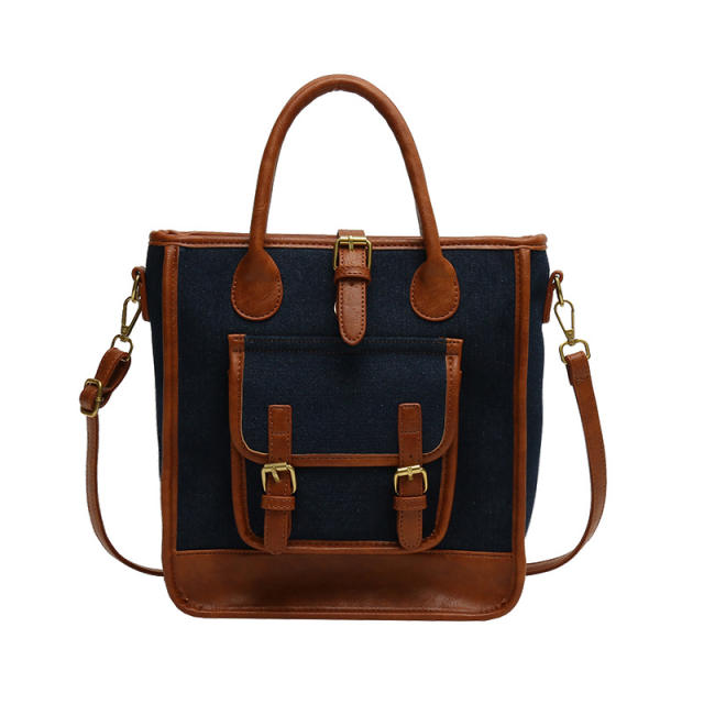 Color matching denim PU Large capacity handbag