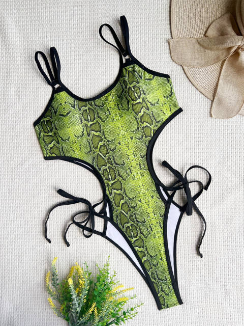 Green color snake pattern one piece swimsuit