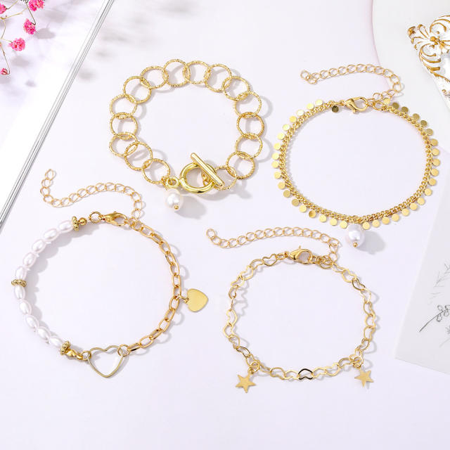 Amazon hot sale gold color alloy chain faux pearl layer bracelet