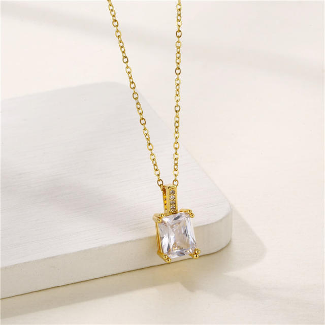 Geometric square cubic zircon stainless steel chain pendant necklace