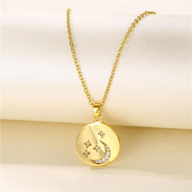 Diamond star moon coin pendant stainless steel chain necklace