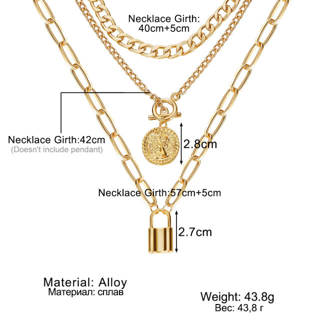 Vintage coin pendant alloy chain gold color layer necklace