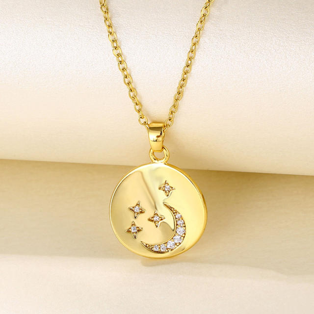 Diamond star moon coin pendant stainless steel chain necklace