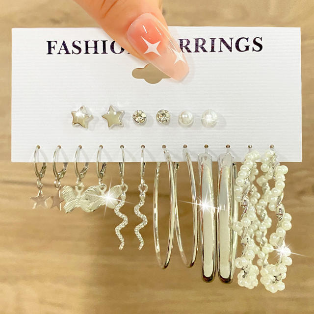 9 pair easy match metal hoop earrings butterfly earrings set