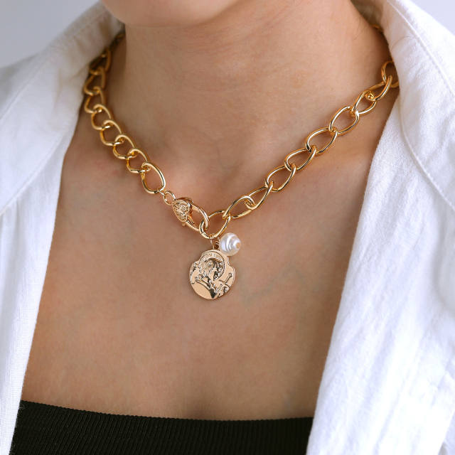 Vintage coin pendant alloy chain gold color layer necklace