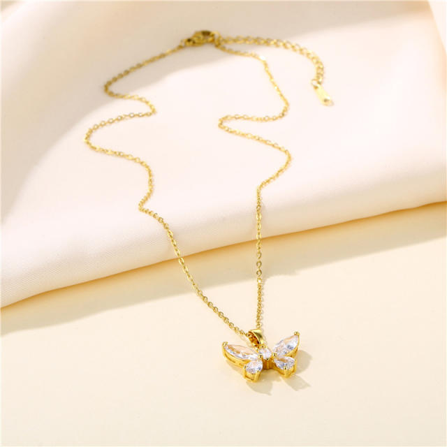 Diamond butterfly stainless steel chain pendant necklace