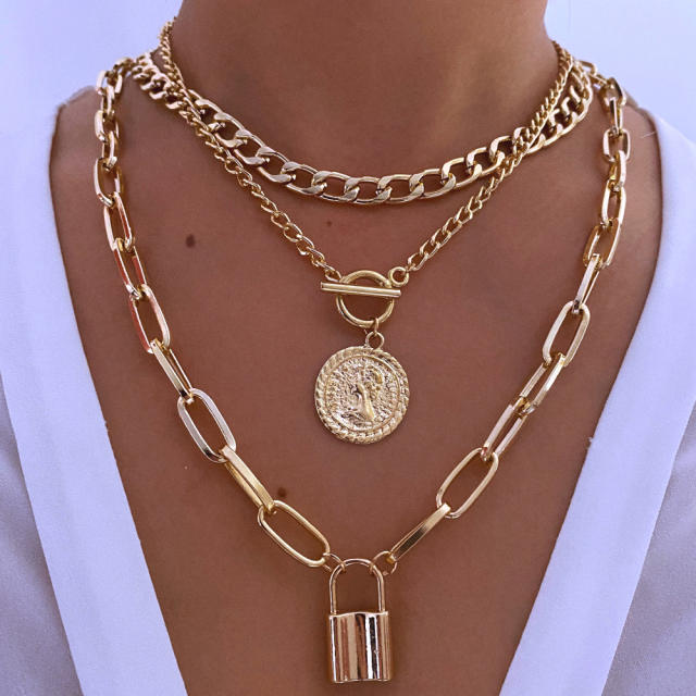 Vintage coin pendant alloy chain gold color layer necklace