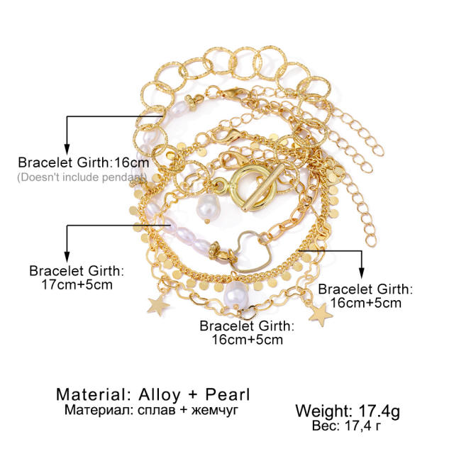 Amazon hot sale gold color alloy chain faux pearl layer bracelet