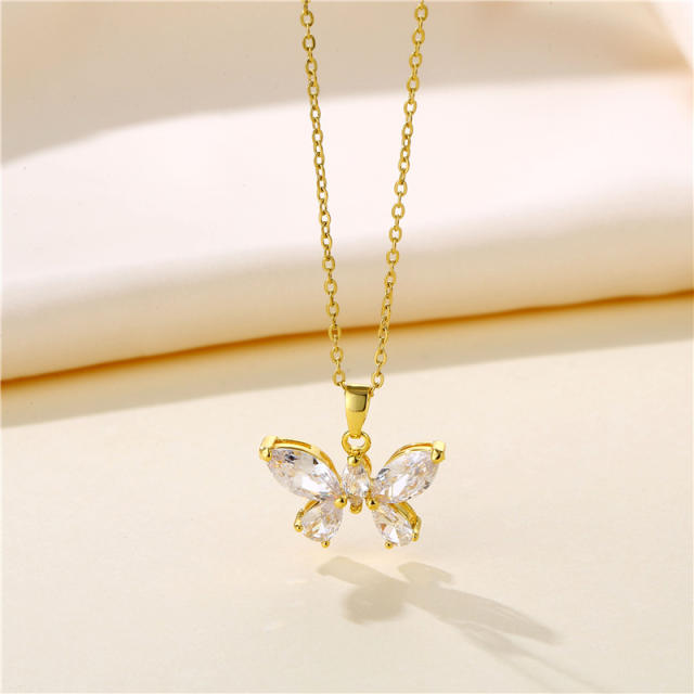 Diamond butterfly stainless steel chain pendant necklace