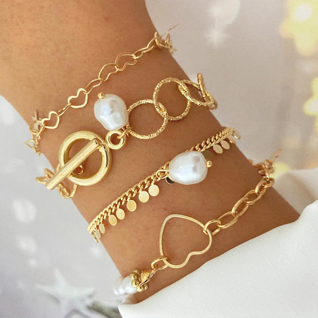 Amazon hot sale gold color alloy chain faux pearl layer bracelet