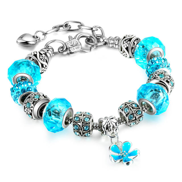 Lake blue crystal beads flower charm diy bracelet
